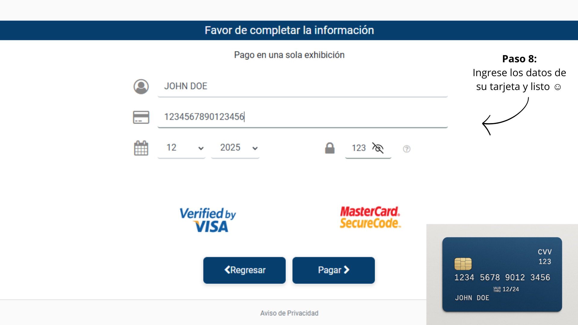 Ingreso de datos de tarjeta en la plataforma de pago